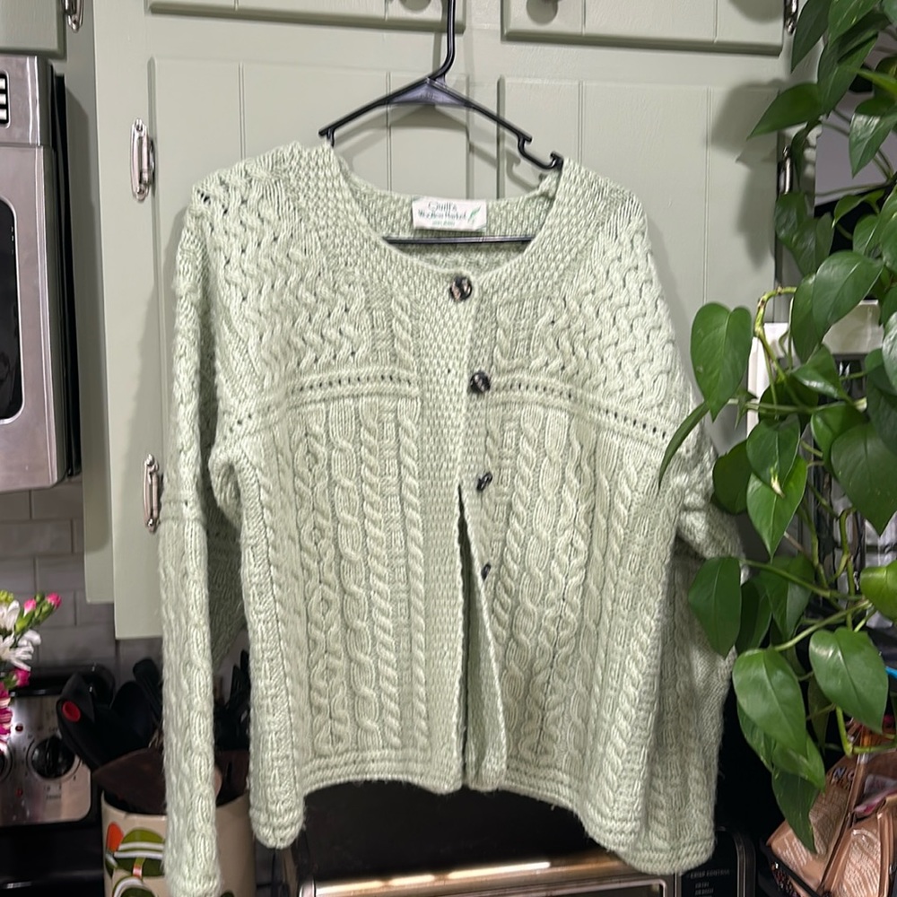 Sage green wool cardigan made in Ireland